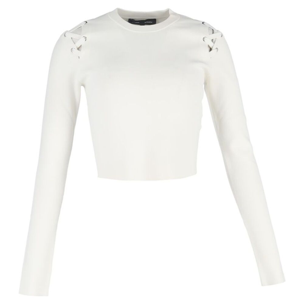 Proenza Schouler Lace Up Shoulder Cropped Long Sleeve Top in White Rayon